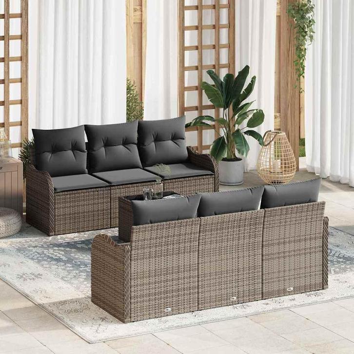 vidaXL Tuinbank Set met kussen 7 pcs Grijs Poly rattan,, Tuin en Terras, Tuinsets en Loungesets, Nieuw, Verzenden