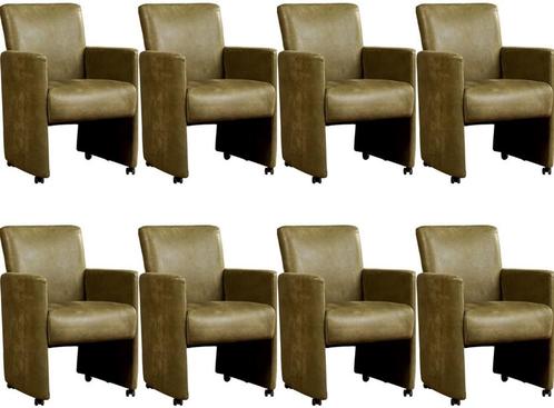 Set van 8 Olijfgroene leren moderne eetkamerfauteuils -, Huis en Inrichting, Stoelen, Overige kleuren, Vijf, Zes of meer stoelen