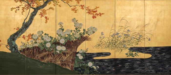 Byôbu  (vouwscherm) - Goudblad, gelakt hout, zijde, papier, Antiek en Kunst, Antiek | Overige Antiek