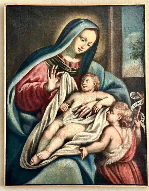 École italienne (XVIII) - Vergine con Bambino e San, Antiek en Kunst, Kunst | Schilderijen | Klassiek
