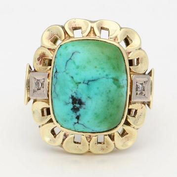 Bague - 14 carats Or jaune Turquoise - Diamant