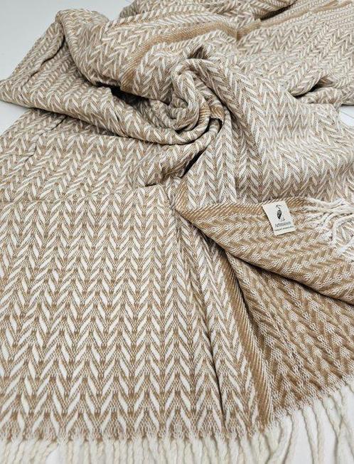 PLAID exclusif en coton camel et blanc - 200x150cm -, Antiek en Kunst, Antiek | Tapijten, Tafelkleden en Textiel