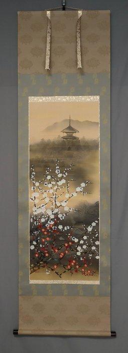 Tempel en pruimenbloesems - Met signatuur Seizan  - Zijde, Antiek en Kunst, Antiek | Overige Antiek