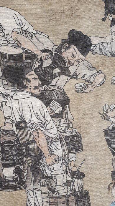 480x280cm!! Exclusieve stof met een scène van de theetijd, Antiek en Kunst, Antiek | Tapijten, Tafelkleden en Textiel