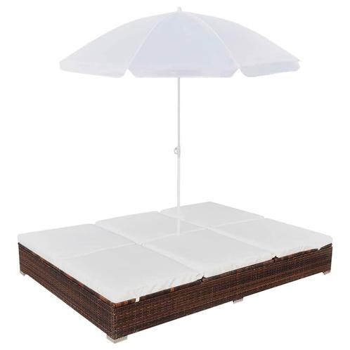 vidaXL Loungebed met parasol poly rattan bruin, Tuin en Terras, Ligbedden, Nieuw, Verzenden