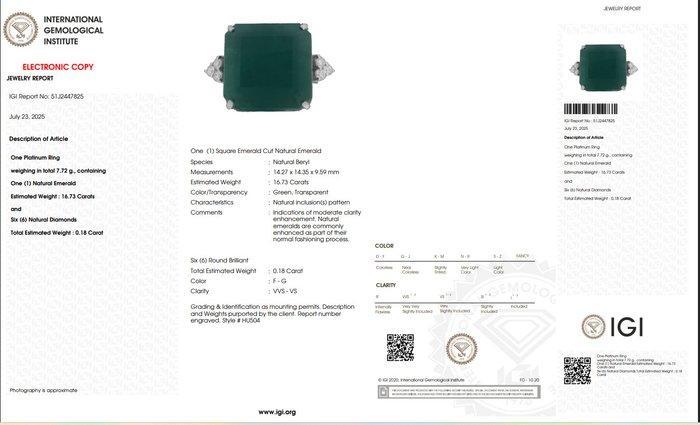 Ring Platina - 16.91ct. tw. Smaragd - Diamant, Handtassen en Accessoires, Ringen