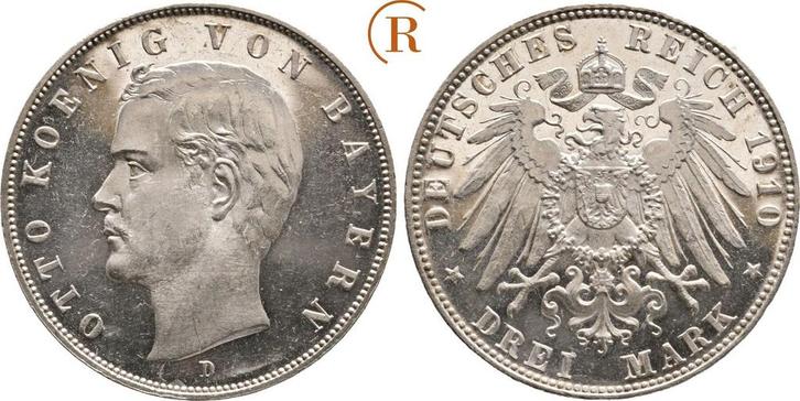 3 Mark 1910 D Kaiserreich: Bayern: Otto, 1886-1913:, Postzegels en Munten, Munten | Europa | Niet-Euromunten, België, Verzenden