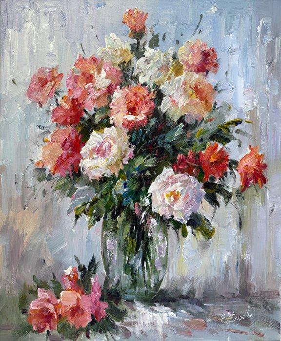 Ekaterina Dzuba (1982) - Fleurs dans un Vase Transparent, Antiek en Kunst, Kunst | Schilderijen | Klassiek