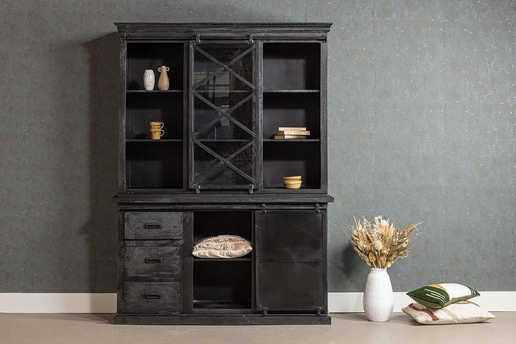 Buffetkast Mangohout Milan 160 X Zwart, Huis en Inrichting, Kasten | Buffetkasten, Nieuw, Verzenden