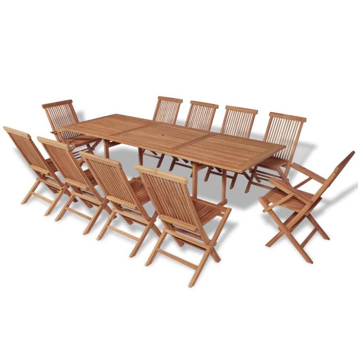 vidaXL 11-delige Tuinset met klapstoelen massief teakhout, Tuin en Terras, Tuinsets en Loungesets, Tuinset, Nieuw, Verzenden
