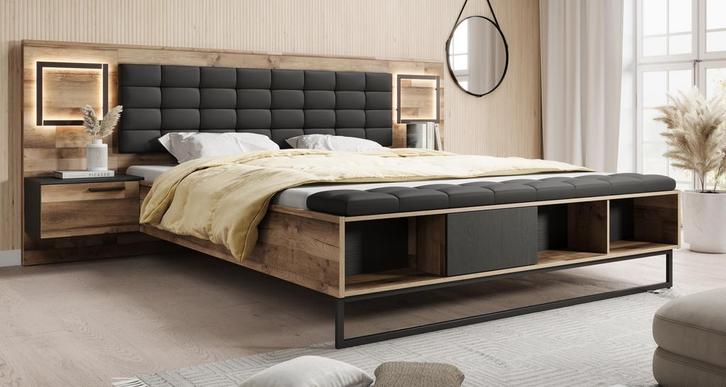 Tweepersoonsbed met 2 nachtkastjes | Eiken 180x200 | Met LED, Huis en Inrichting, Slaapkamer | Bedden, Nieuw, Verzenden