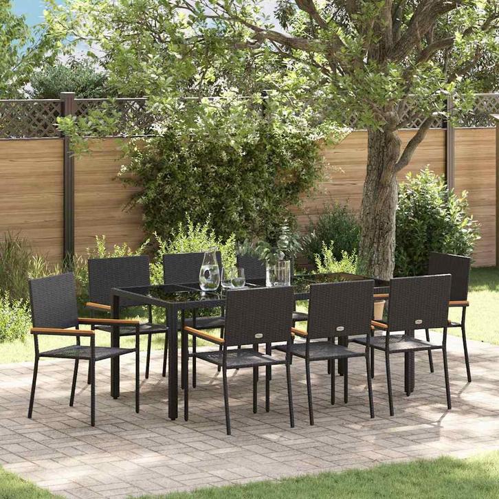 vidaXL Tuin Eettafel Set 9 pcs Zwart poly rattan, Tuin en Terras, Tuinstoelen, Nieuw, Verzenden