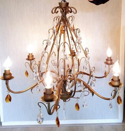Kroonluchter - Messing - Met oranje en wit kristal, Antiek en Kunst, Curiosa en Brocante