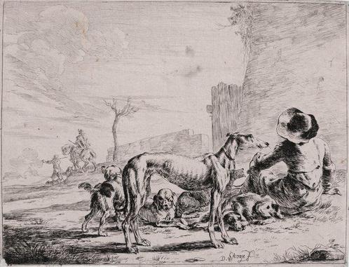 Dirk Stoop (1610-1686) - Man with a Greyhound and other dogs, Antiek en Kunst, Antiek | Overige Antiek