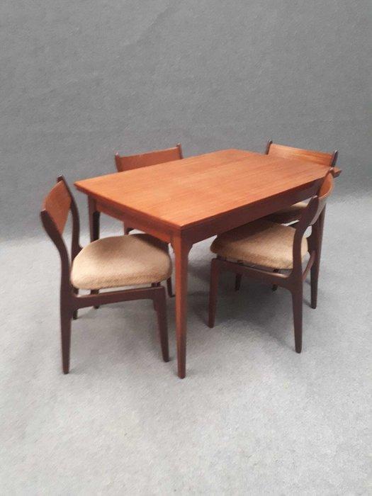 Eettafel - Teak - Eetkamer set: uittrekbaar tafel en vier, Antiek en Kunst, Kunst | Designobjecten