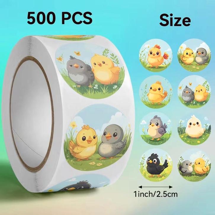 Sluitstickers vrolijke kuikentjes etiket 2,5 cm rol 500, Hobby en Vrije tijd, Knutselen, Nieuw