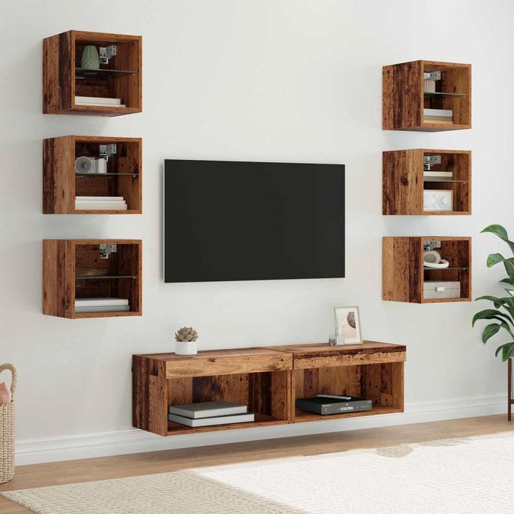 vidaXL TV Kast met LED -striplichten met lade 8 pcs Oud Hout, Huis en Inrichting, Kasten |Televisiemeubels, Nieuw, Verzenden