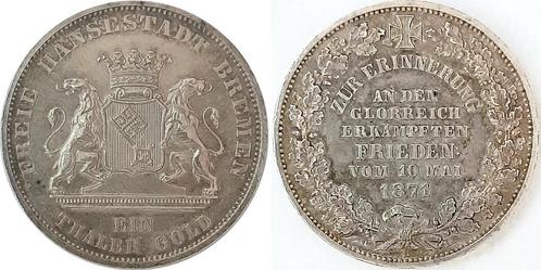 Siegestaler, daalder Bremen 1871 f prfr/prfr schoene Patina, Timbres & Monnaies, Monnaies | Europe | Monnaies non-euro, Envoi