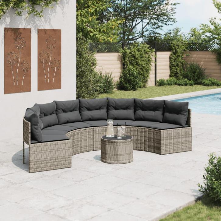 vidaXL Tuinbank met tafel en kussens halfrond poly rattan, Tuin en Terras, Tuinsets en Loungesets, Nieuw, Verzenden