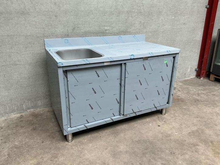 Spoeltafel met schuifdeuren 1 bak links 140cm, Zakelijke goederen, Horeca | Keukenapparatuur, Nieuw in verpakking, Inox Meubilair