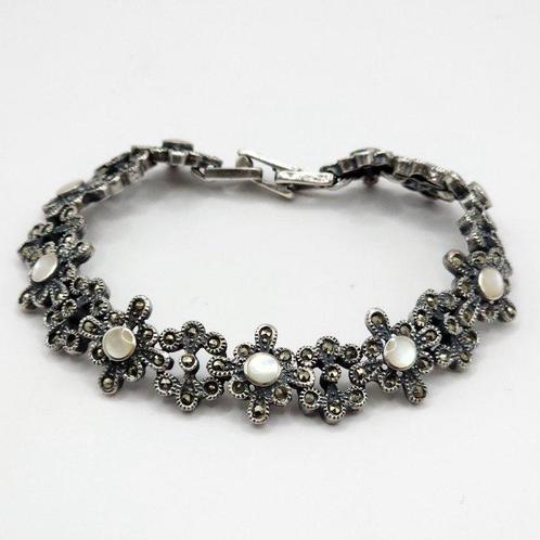 Zilver, 925 Sterling Zilver Parelmoer & Markasiet - Armband, Antiek en Kunst, Kunst | Designobjecten