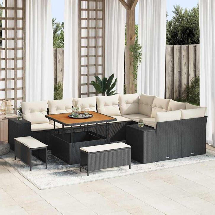 vidaXL Tuinbank Set met kussen 12 pcs Zwart en Crème 100 x, Tuin en Terras, Tuinsets en Loungesets, Nieuw, Verzenden
