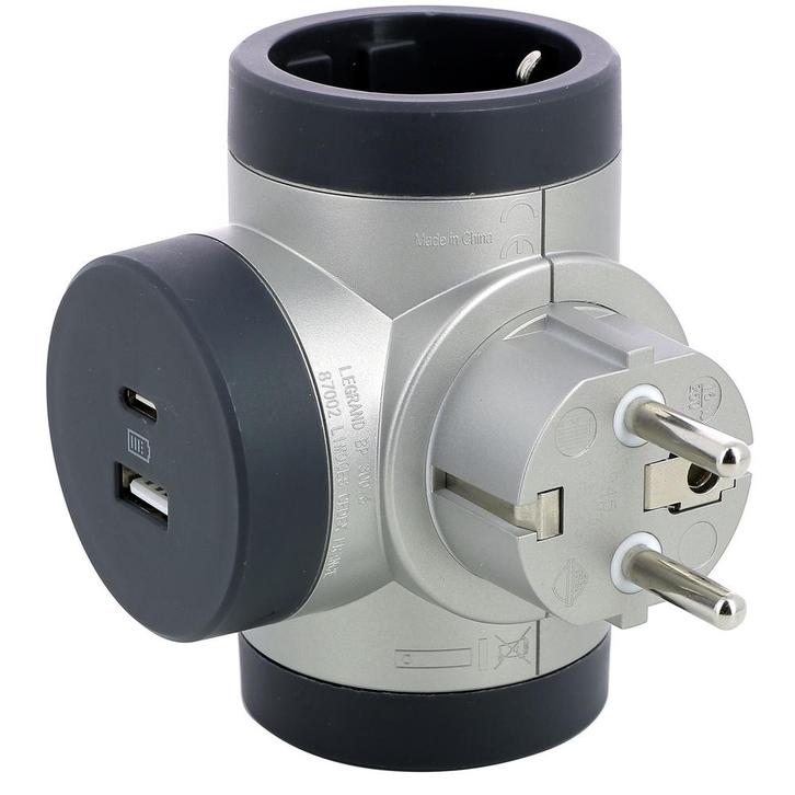 Draaibare Domino Stekker 3x2P+A Met USB A+C - Zwart & Wit, Doe-het-zelf en Bouw, Elektriciteit en Kabels, Verzenden