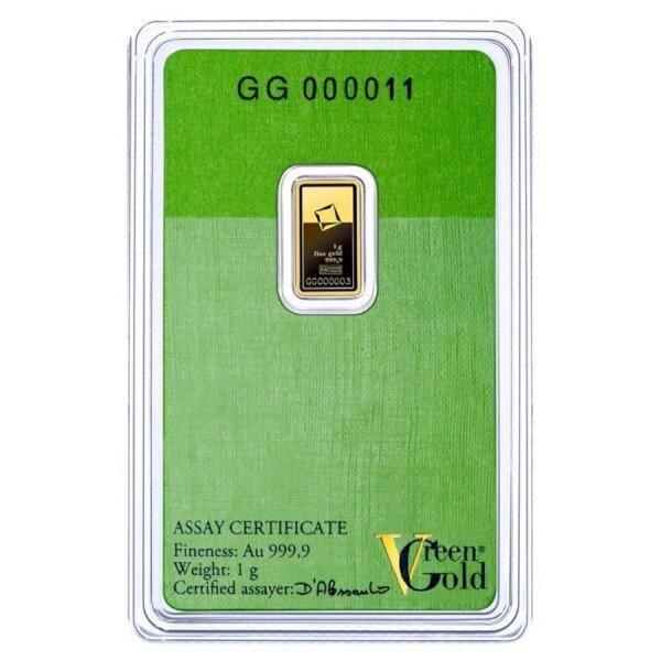 1 gram - Goud - 1 gram .9999 Gold Bar Valcambi Suisse Green, Postzegels en Munten, Edelmetalen en Baren