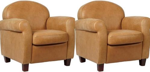 Set van 2 Cognac leren klassieke fauteuils - poot hout bruin, Huis en Inrichting, Fauteuils, 75 tot 100 cm, 75 tot 100 cm, Nieuw