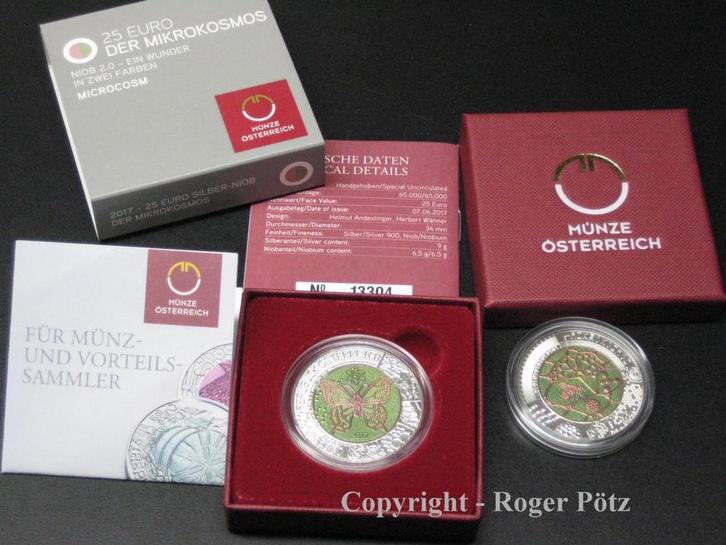 Österreich 25 Euro 2017 Mikrokosmos handgehoben Ovp Niob, Postzegels en Munten, Munten | Europa | Euromunten, België, Verzenden