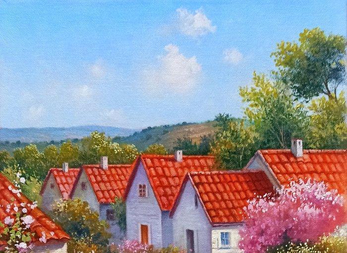 Raimondo Pacini (1974) - Flowery road in French village, Antiek en Kunst, Kunst | Schilderijen | Klassiek