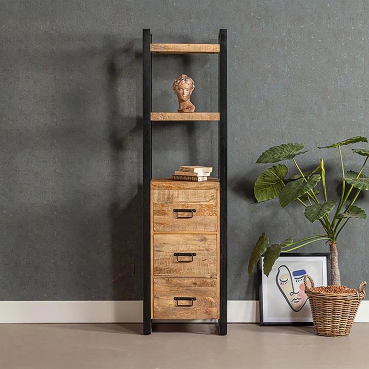 Boekenkast Mangohout Britt Smal Met Lades 200, Huis en Inrichting, Kasten | Boekenkasten, 25 tot 50 cm, Nieuw, Overige houtsoorten