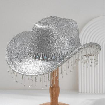 Cowboyhoed Zilver Strass Steentjes Zwarte Cowgirl Western Ho, Kleding | Dames, Ophalen of Verzenden, Nieuw