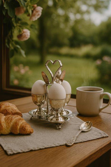 “Regal Morning Ritual – Antique Silver-Plated Egg Cup Set by, Antiek en Kunst, Antiek | Meubels | Tafels