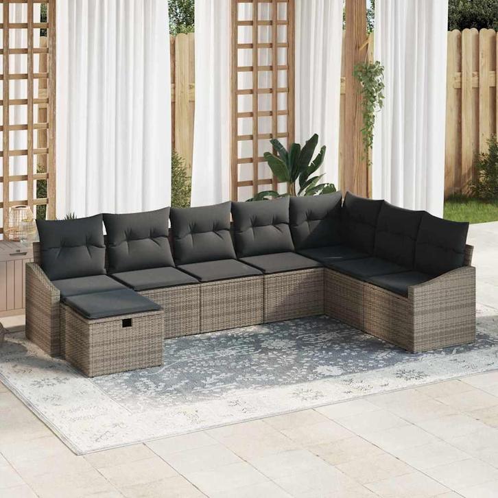 vidaXL Tuinbank Set met kussen 8 pcs Grijs Poly rattan, Tuin en Terras, Tuinsets en Loungesets, Nieuw, Verzenden