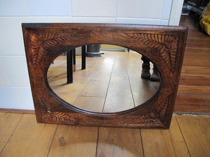 Spiegel- Oude massief houten spiegel handgestoken 58 x 43, Antiek en Kunst, Curiosa en Brocante