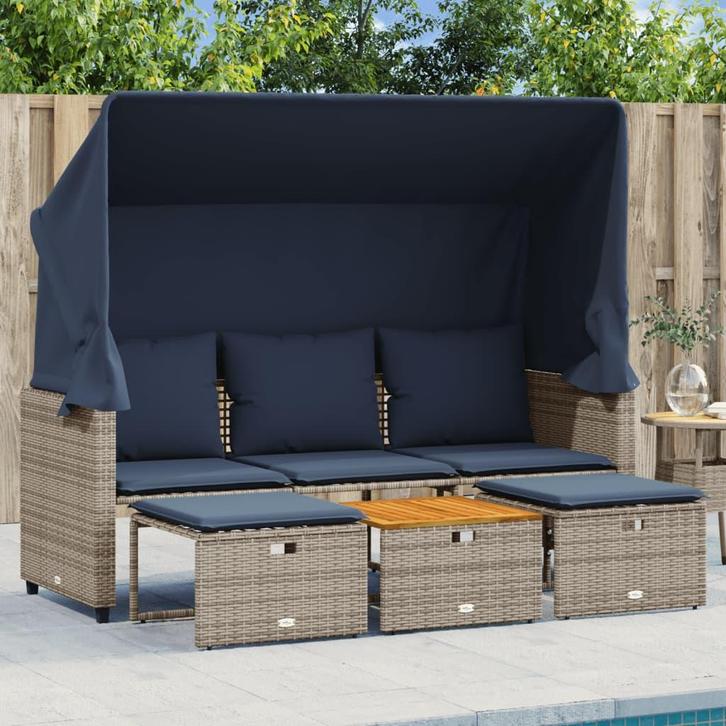 vidaXL Tuinbank 3-zits met luifel en krukken grijs polyrotan, Tuin en Terras, Tuinsets en Loungesets, Nieuw, Verzenden