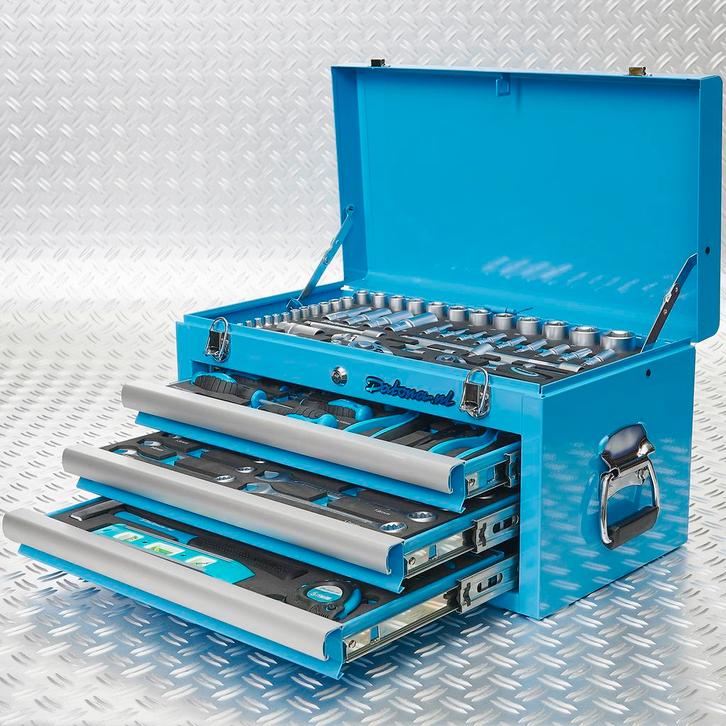 Datona Gereedschapskist drie lades - 4 lades gevuld - blauw, Doe-het-zelf en Bouw, Gereedschapskisten, Ophalen of Verzenden