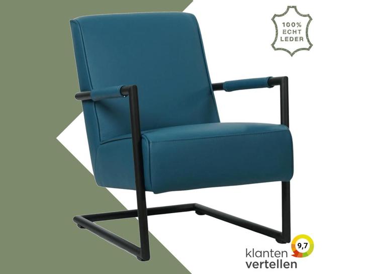 Leren fauteuil Lodge - Hermes Turquoise (blauw), Huis en Inrichting, Fauteuils, 50 tot 75 cm, 75 tot 100 cm, Nieuw, Leer, Ophalen of Verzenden