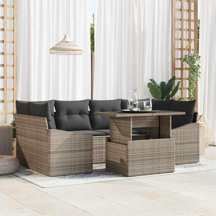 vidaXL Tuinbank Set met opslag 7 pcs Grijs Poly rattan, Tuin en Terras, Tuinsets en Loungesets, Nieuw, Verzenden