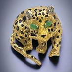 Broche 18 karaat geelgoud en diamanten luipaardbroche 21, Handtassen en Accessoires, Antieke sieraden