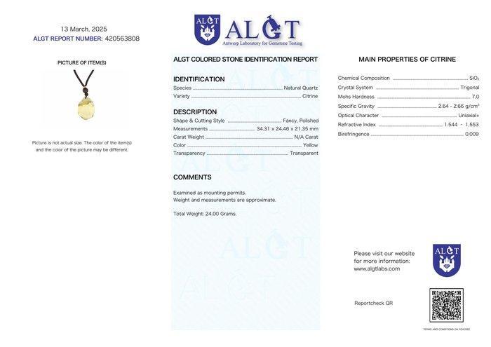 ALGT gecertificeerd - Enorme natuurlijke citrien hanger Een, Verzamelen, Mineralen en Fossielen