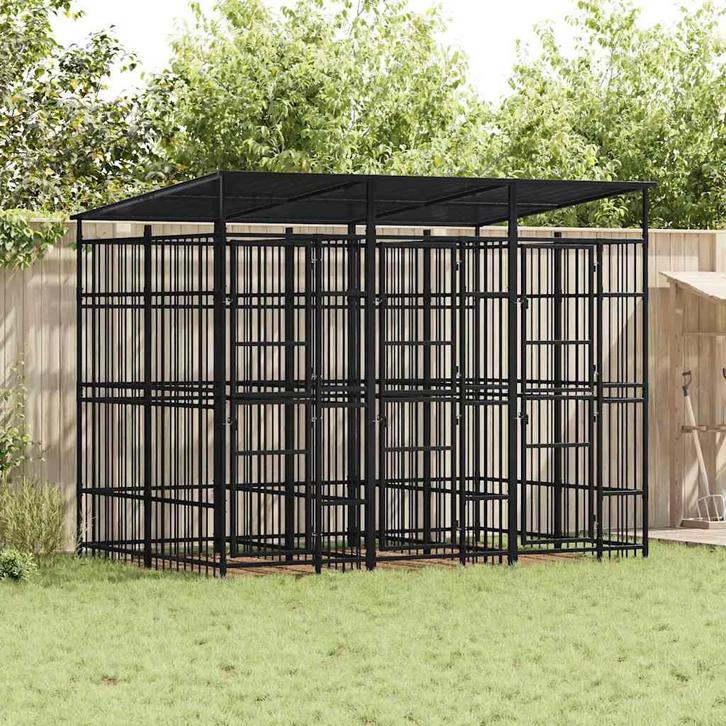 vidaXL Hondenkennel met dak 5,53 m² staal, Dieren en Toebehoren, Hondenbenches, Nieuw, Verzenden