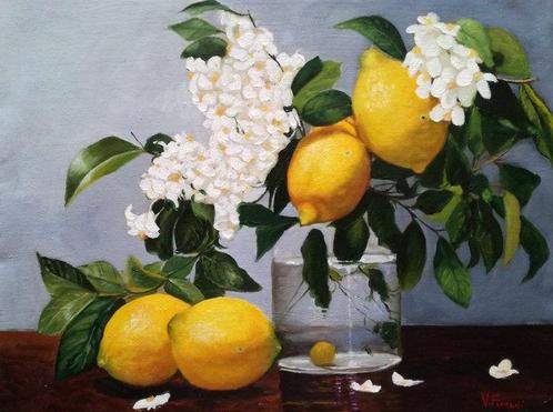 V. Fiorani (XX) - Vaso con limoni, Antiquités & Art, Art | Peinture | Classique