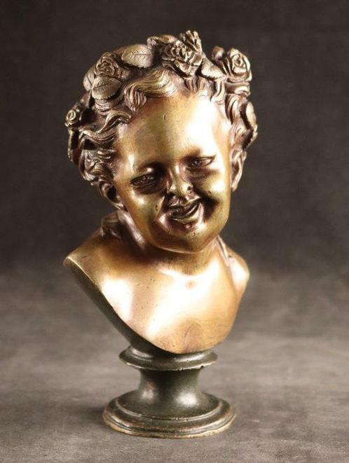 Antieke buste - sculptuur, lachende peuter - 16 cm - Brons, Antiek en Kunst, Antiek | Keramiek en Aardewerk