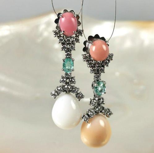 Boucles doreilles - 18 carats Or blanc Perle - Diamant -, Handtassen en Accessoires, Oorbellen