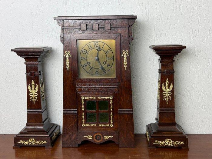 Klok en garnituur set (3) - Hout, Messing - 1900-1910 -, Antiek en Kunst, Antiek | Klokken