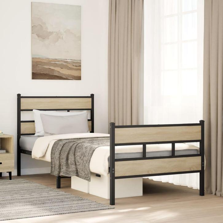 vidaXL Bedframe zonder matras metaal sonoma eikenkleurig, Huis en Inrichting, Slaapkamer | Bedden, Nieuw, Verzenden