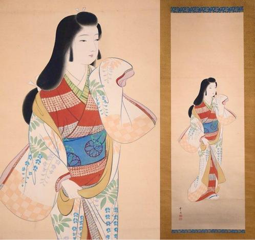 Japanese Beauty - A Graceful Woman in a Kimono - hanging, Antiek en Kunst, Antiek | Overige Antiek