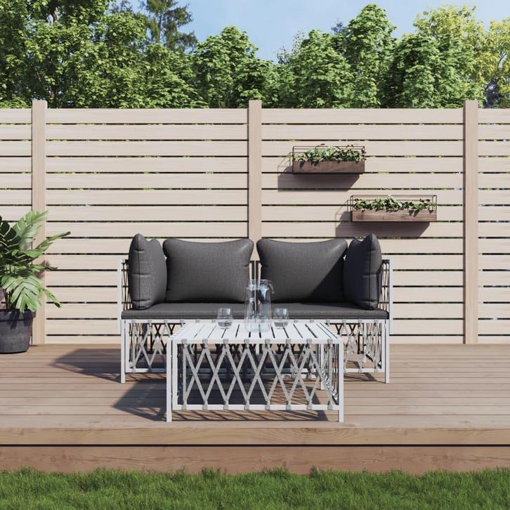 vidaXL 3-delige Loungeset met kussens staal wit, Tuin en Terras, Tuinsets en Loungesets, Loungeset, Nieuw, Verzenden